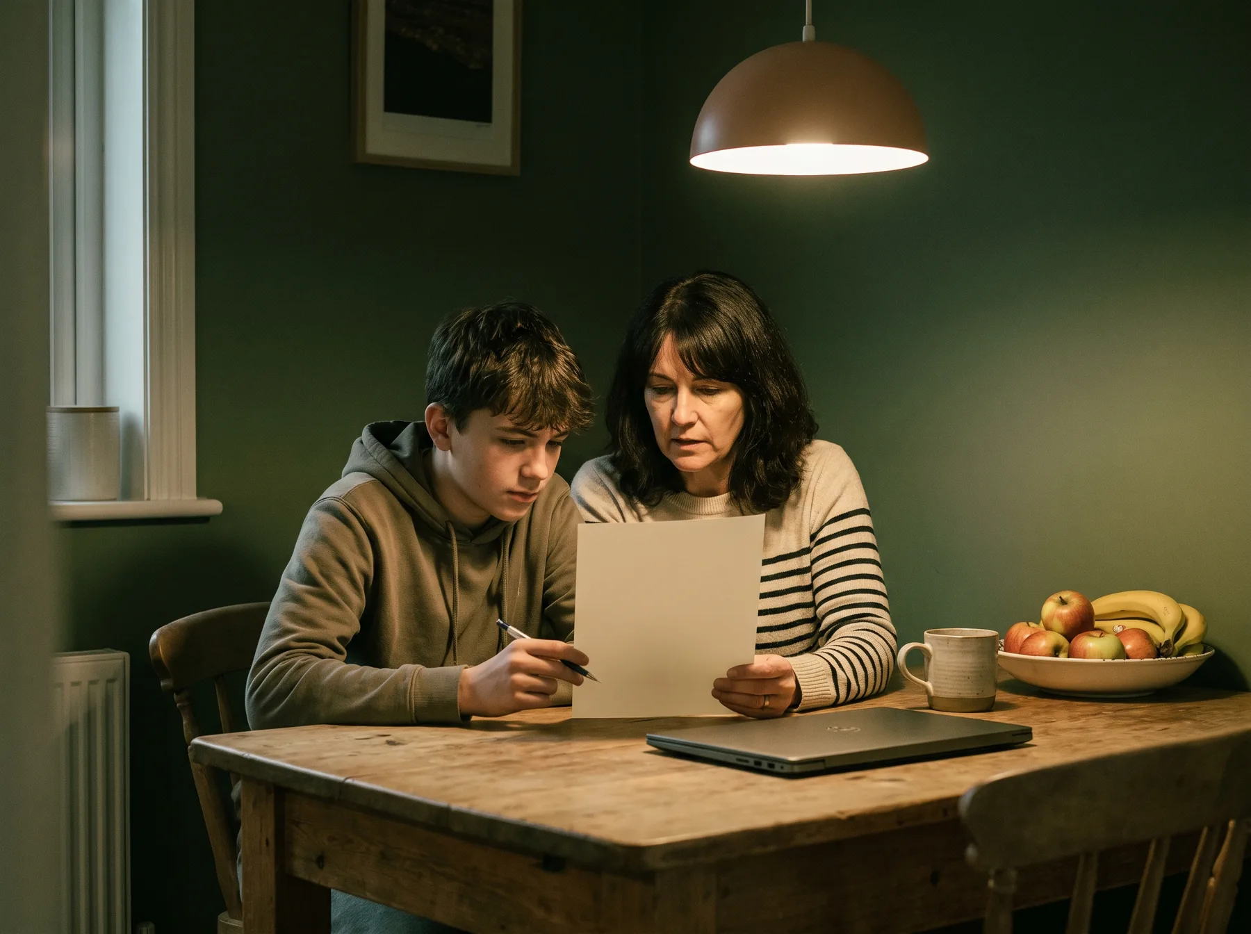 A parent and teenage actor reviewing r&eacute;sum&eacute; information together at home