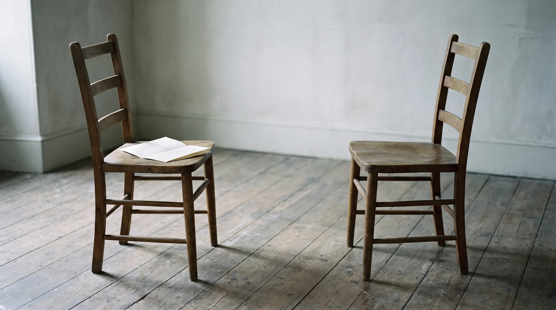 Two empty wooden chairs facing each other in a bare rehearsal room