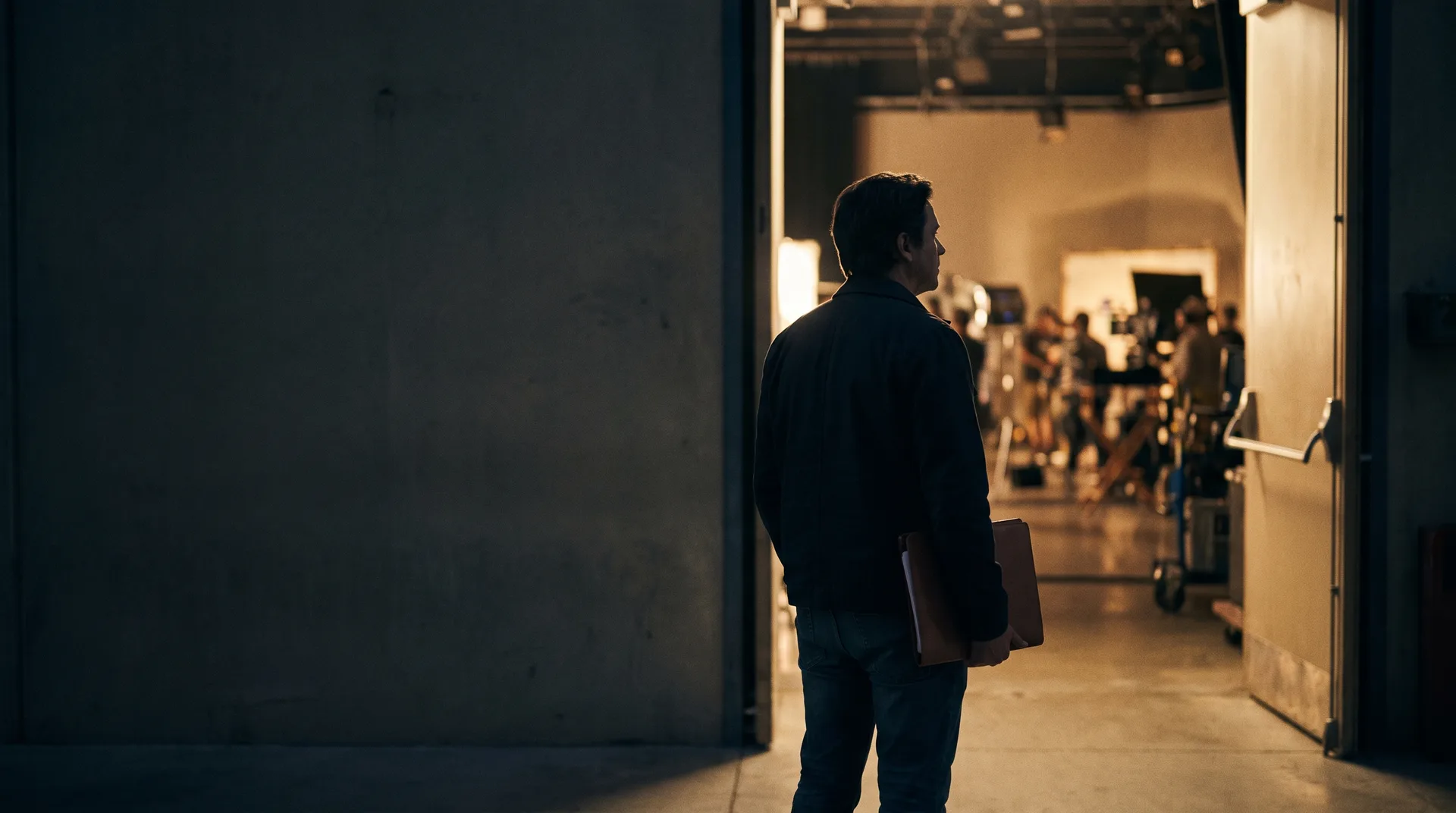 An actor standing in a soundstage doorway looking in at a lit set