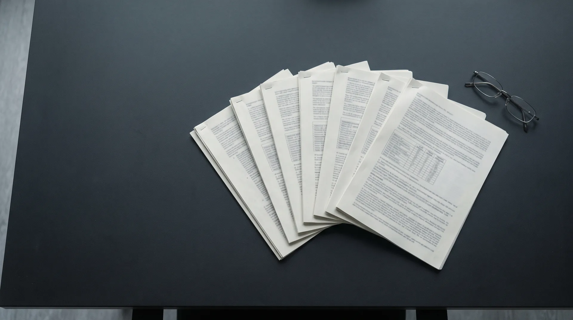 Several separate stapled agreements fanned out across a dark table beside reading glasses