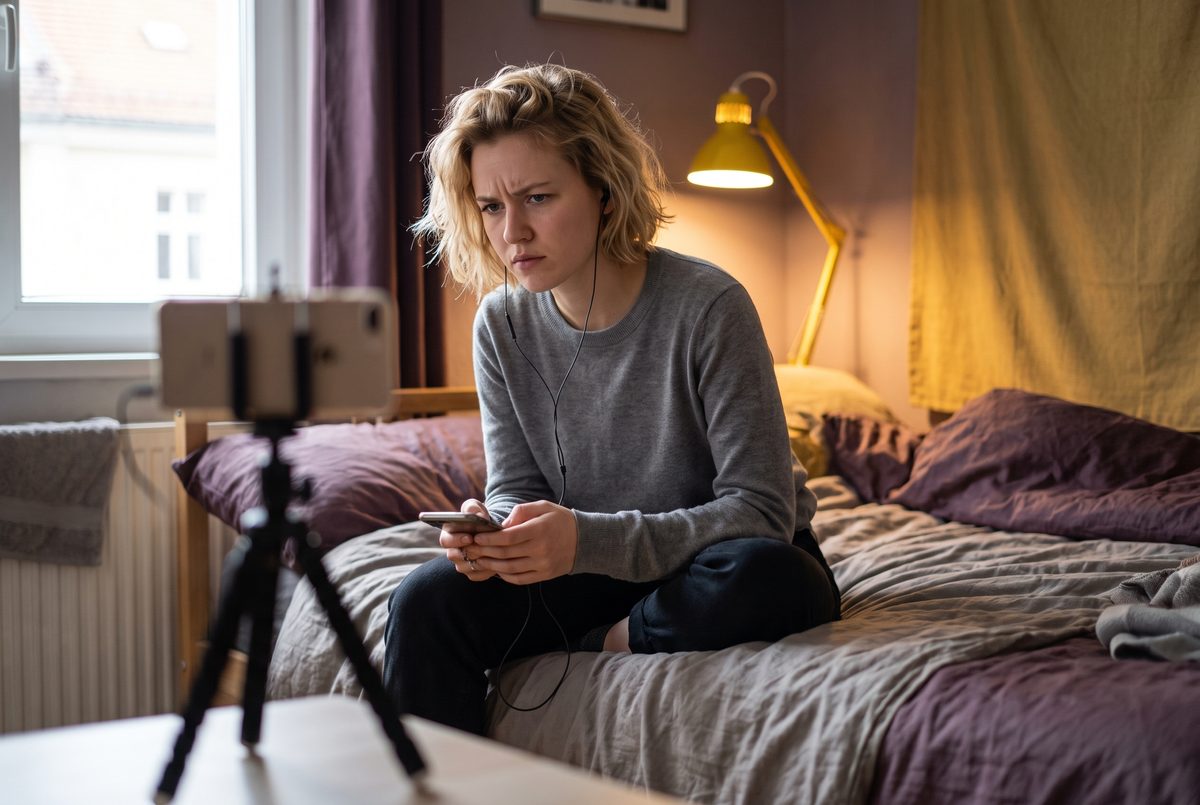 An actor listening back to a recording on headphones, checking the sound before taping
