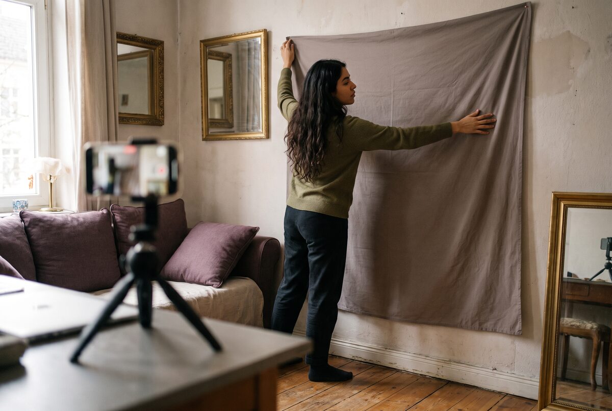 An actor hanging a plain grey fabric backdrop on a wall in a small flat
