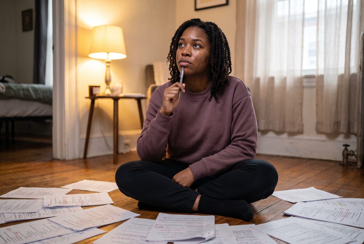 An actor sitting on the floor with marked-up script pages, working through a scene