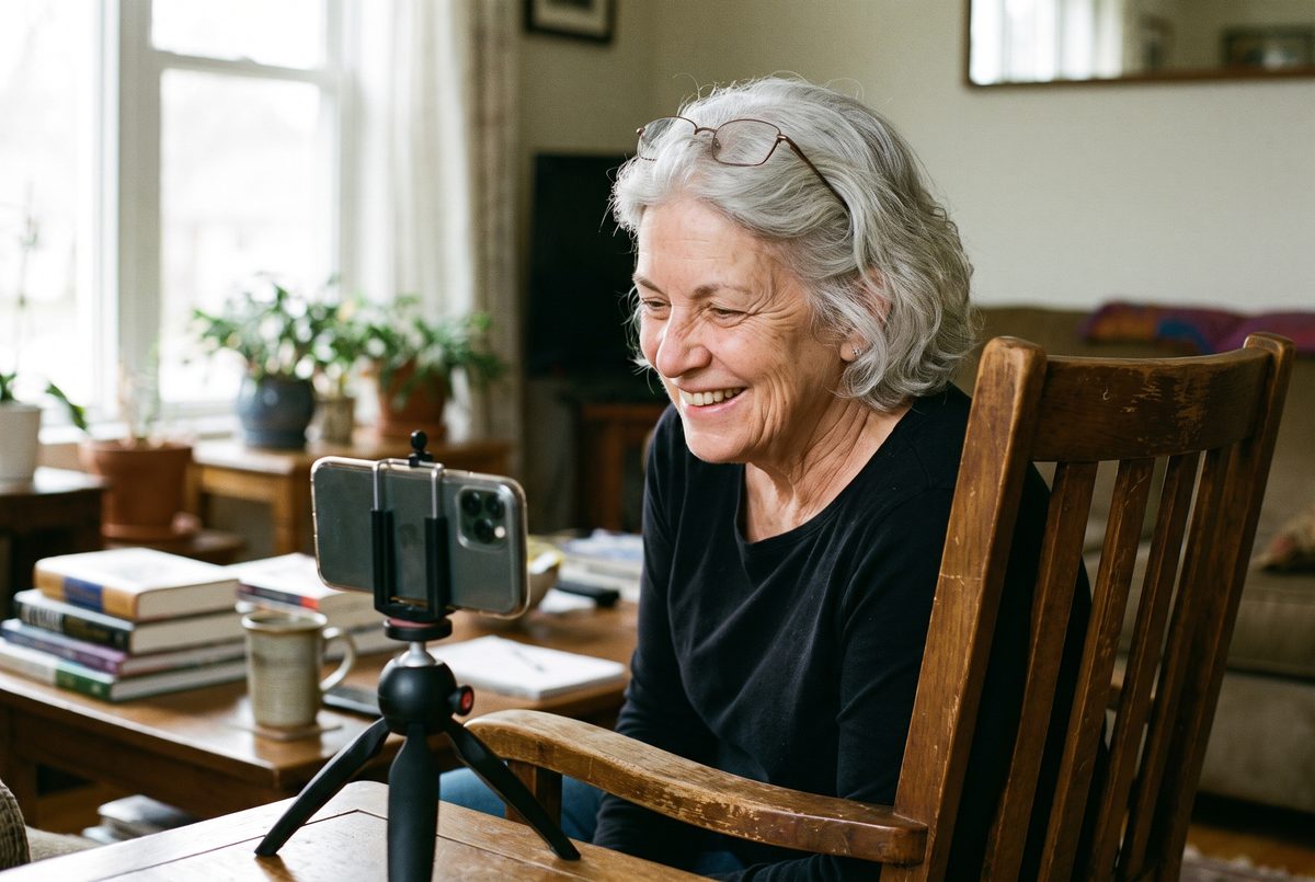 An actor checking the framing on a phone mounted to a tripod