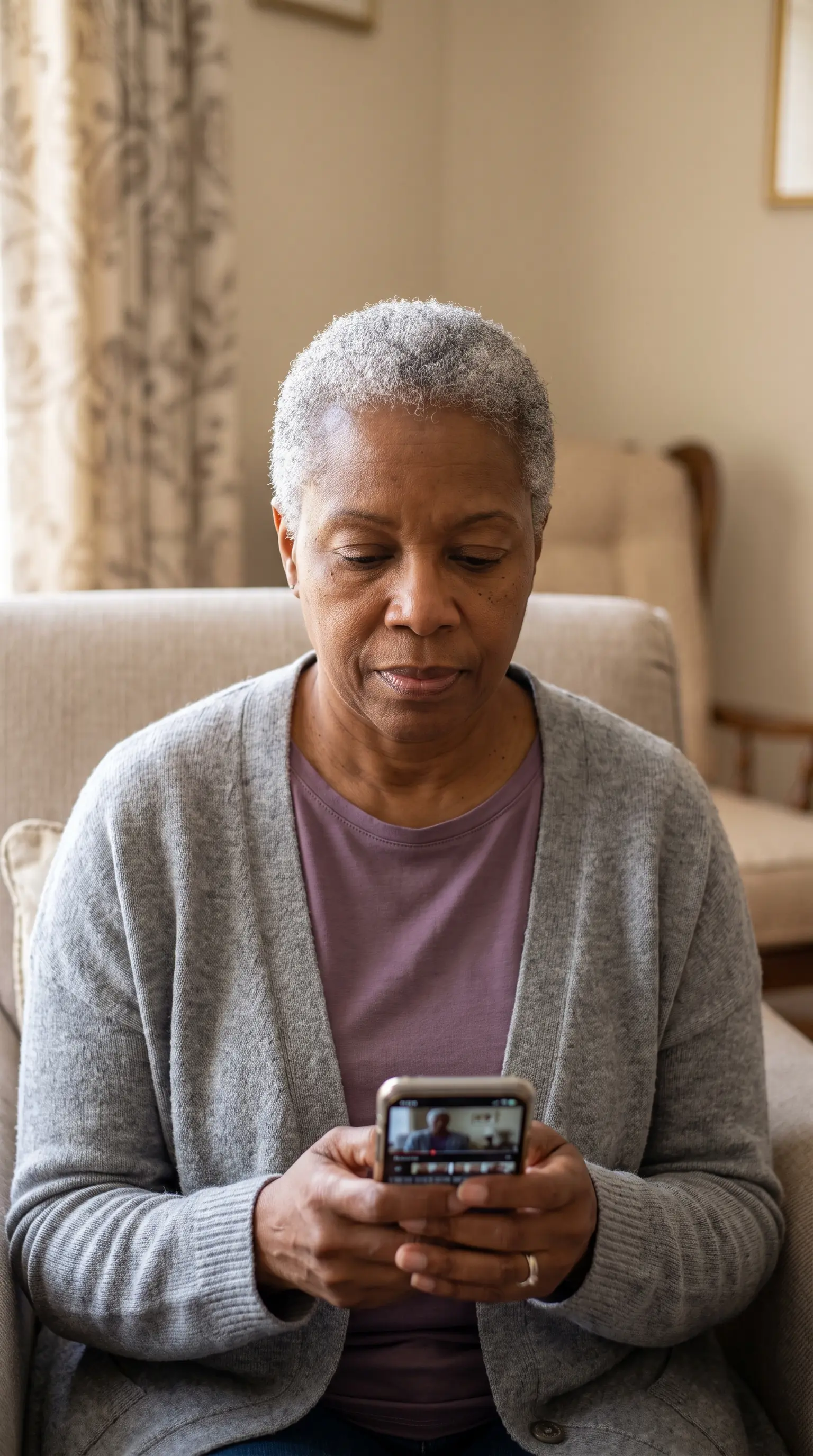 An actor reviewing a recorded clip on her phone before sending it