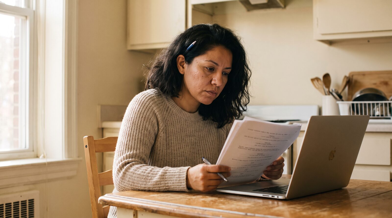 An actor sitting at a kitchen table, reading through printed audition pages