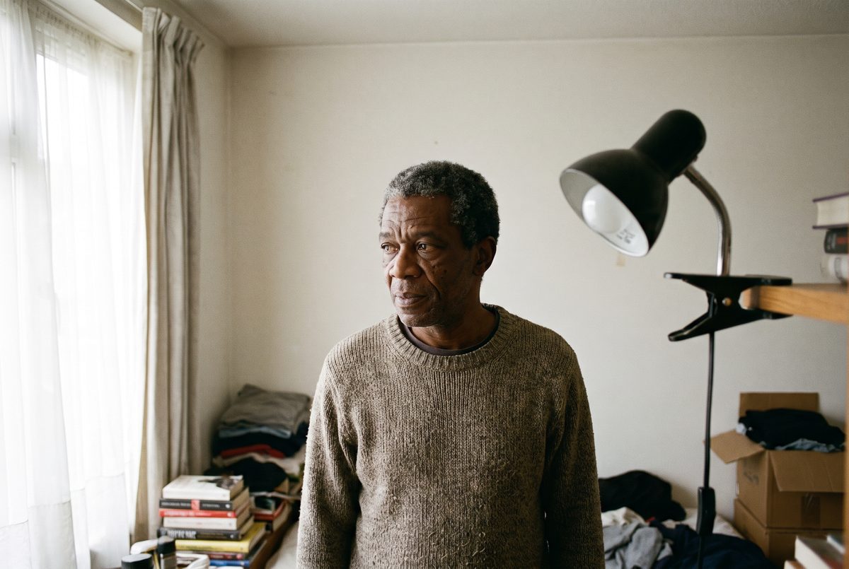 An actor standing in a bedroom facing a window, daylight falling evenly across his face