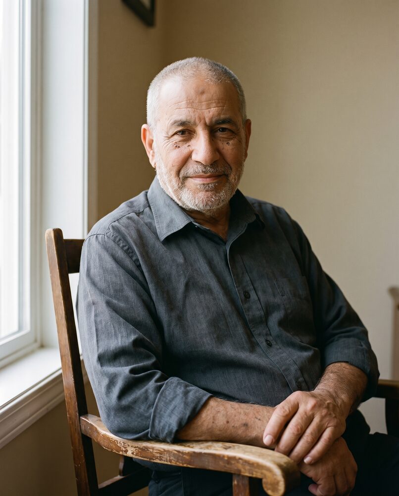 An actor sitting calmly beside a window, looking directly at the camera