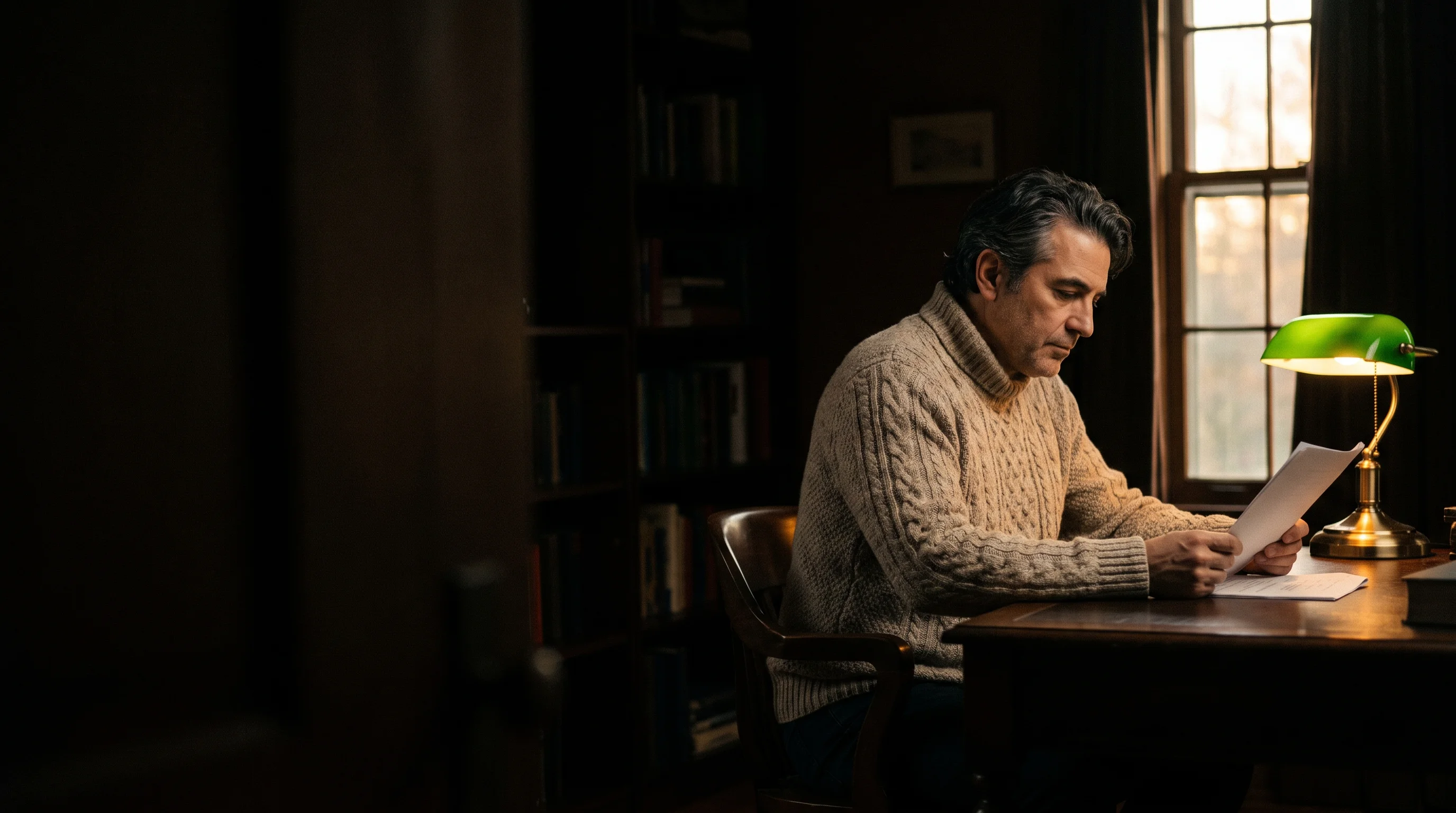 An actor reading a script at a desk by a window in a warm study