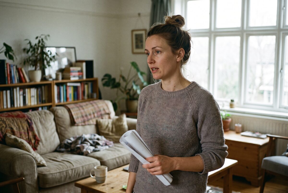 An actor running lines aloud in a living room, script pages held loosely at her side
