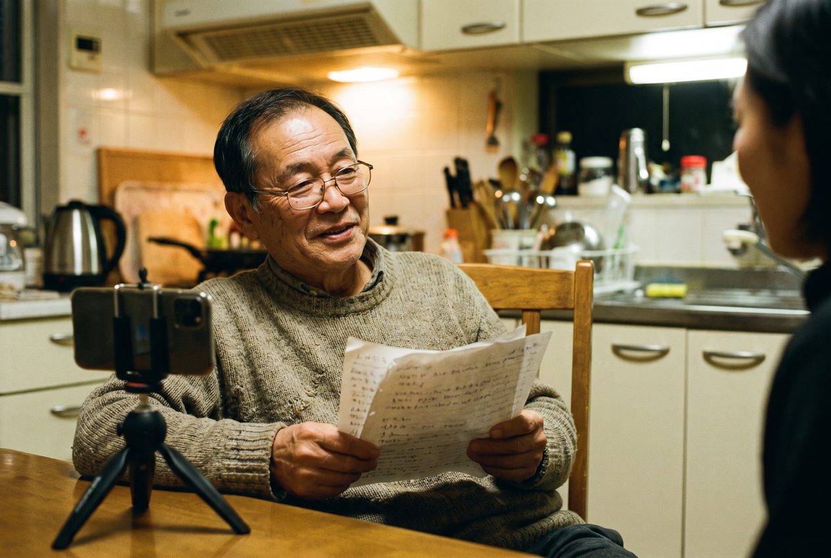 A man sitting beside a phone on a tripod, holding script pages and reading for someone off camera