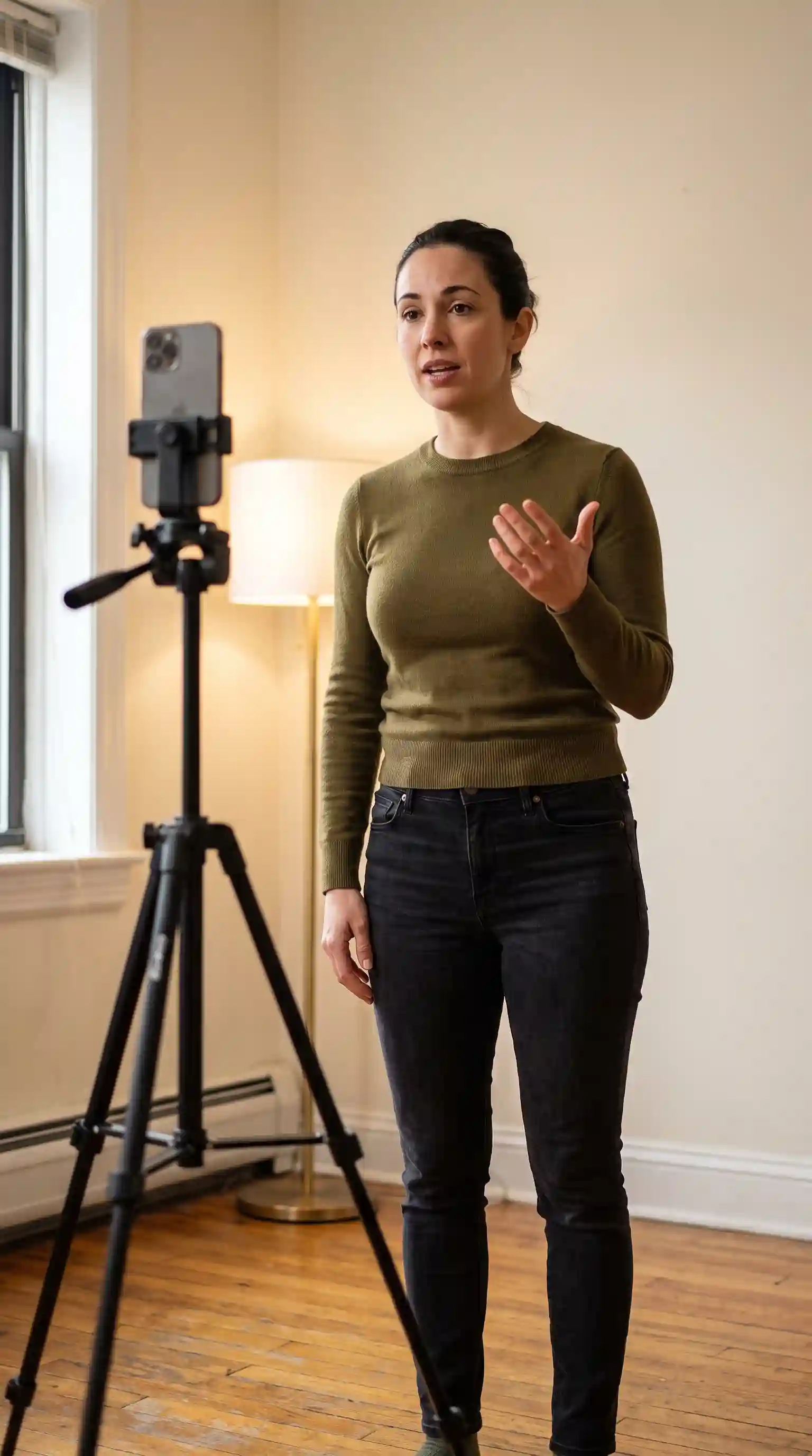 An actor standing in a room, performing to camera while filming a self-tape on a phone mounted on a tripod