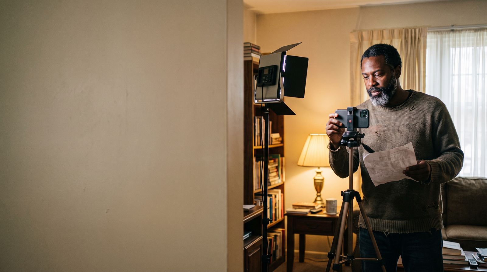 An actor setting up a phone on a tripod to record a self-tape at home, script in hand