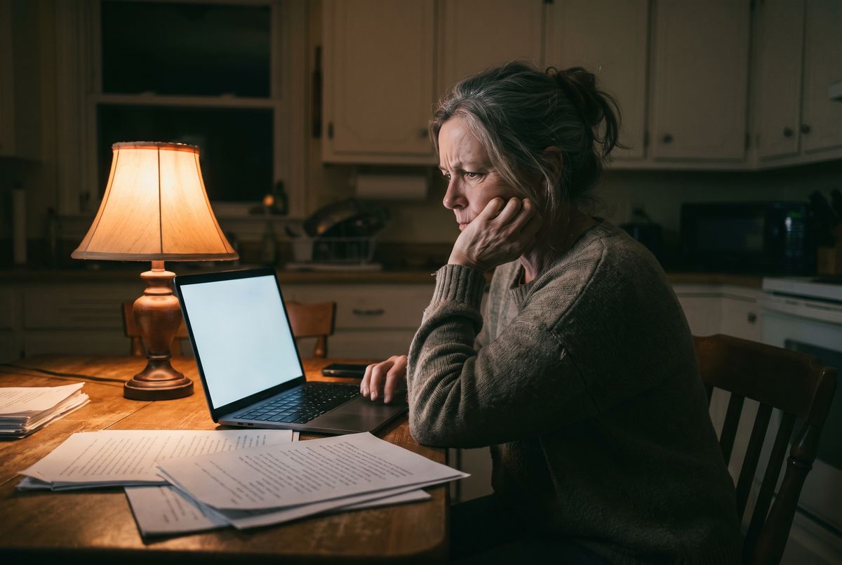An actor at a kitchen table at night, looking anxiously at a laptop surrounded by scripts