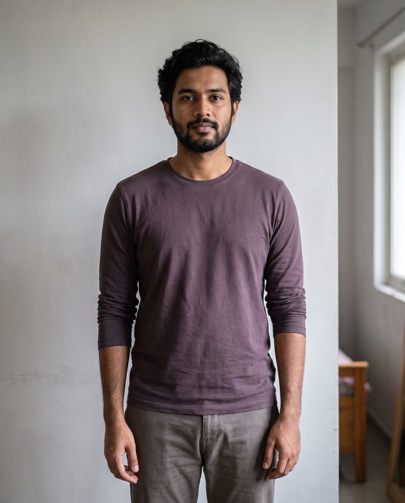 An actor standing full-length against a plain wall, holding a calm full-body slate position