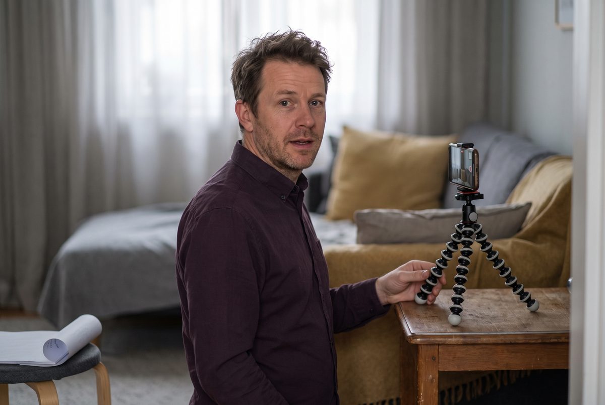 An actor standing beside a phone on a tripod in a living room, speaking to the lens
