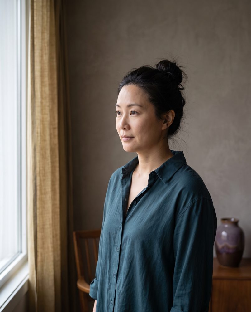 An actor standing beside a window in a plain solid shirt, ready to record
