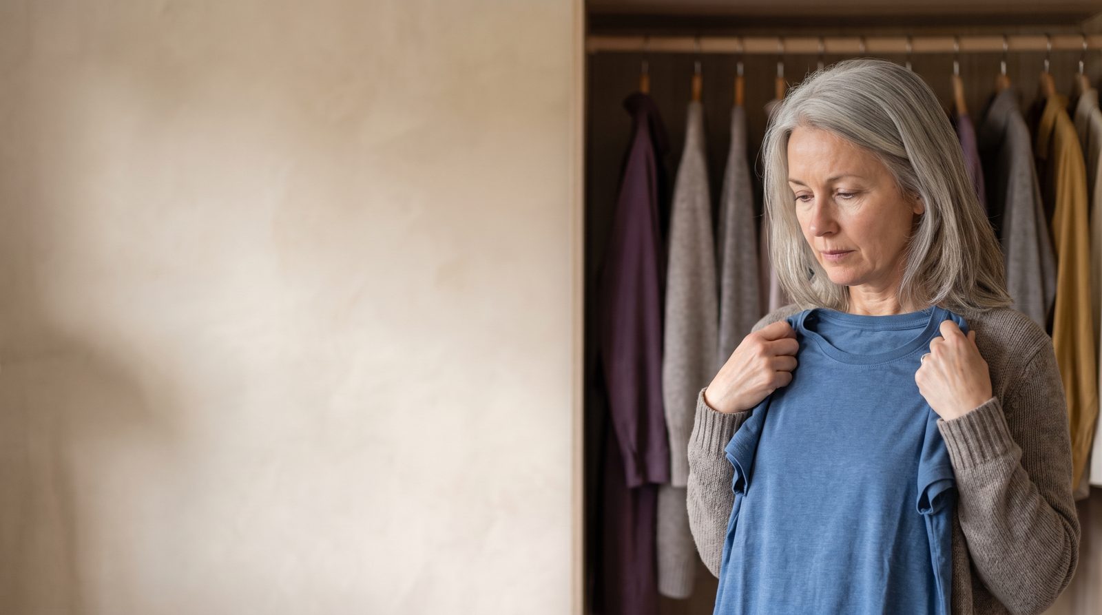 An actor at home holding a plain blue t-shirt up against herself, deciding what to wear for a self-tape
