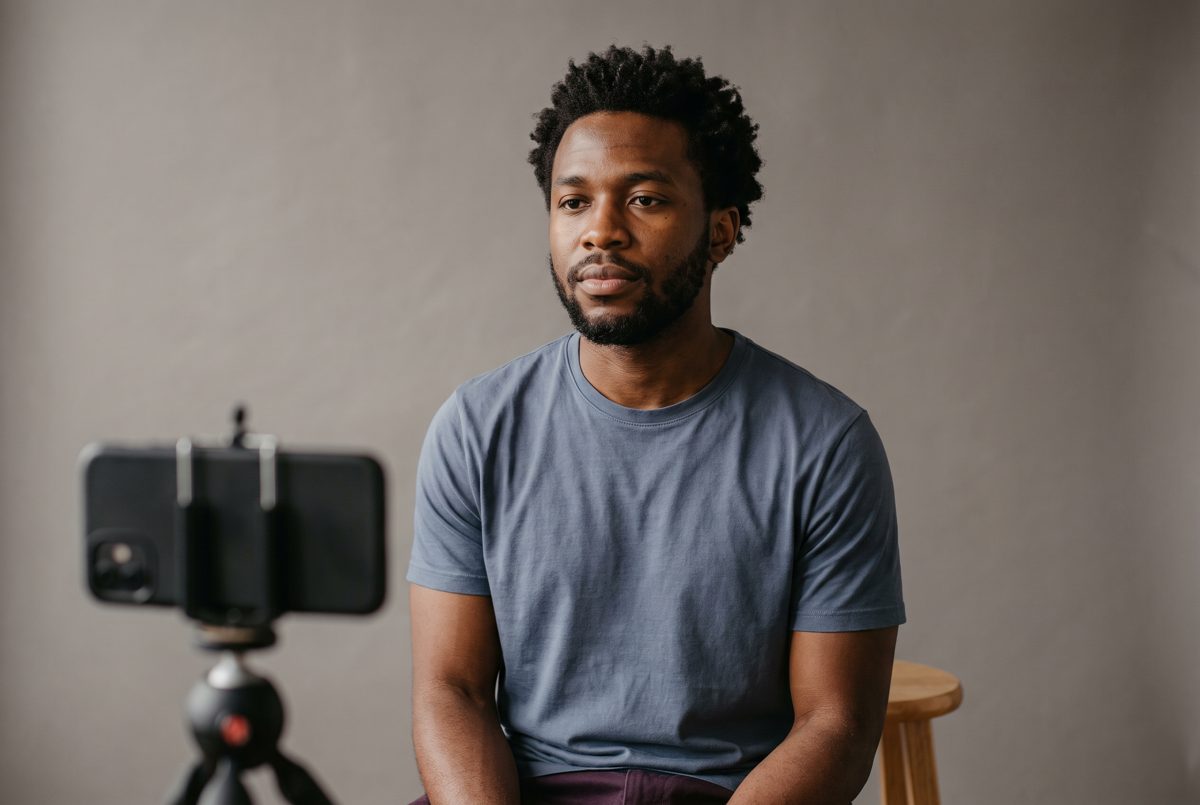 An actor framed chest-up in a plain solid t-shirt against a mid-grey wall, with a phone on a tripod at the edge of frame