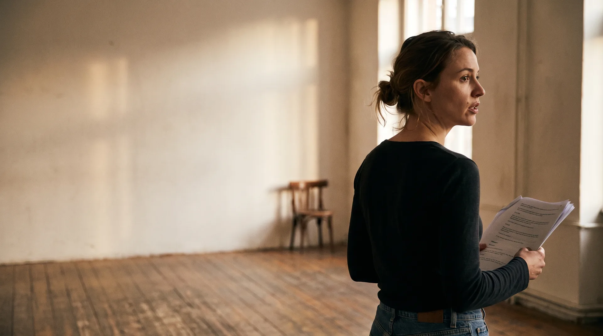 An actor working on a classical speech in a rehearsal room