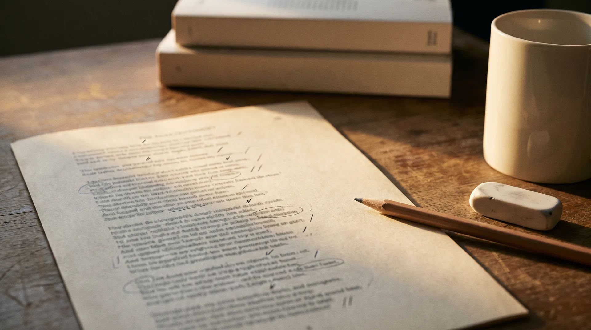 A page of a play script marked up in pencil on a wooden table