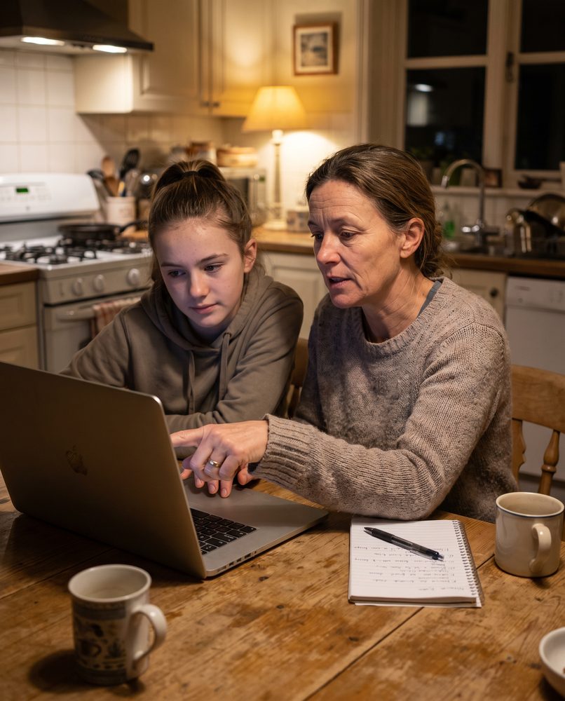 A parent and teenager at a kitchen table looking at a laptop together