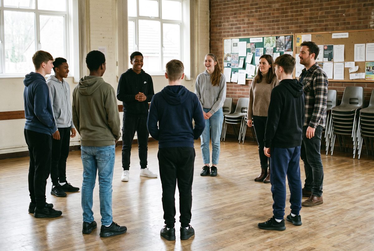 A supervised youth theatre workshop with teenagers and two adult teachers standing in a circle