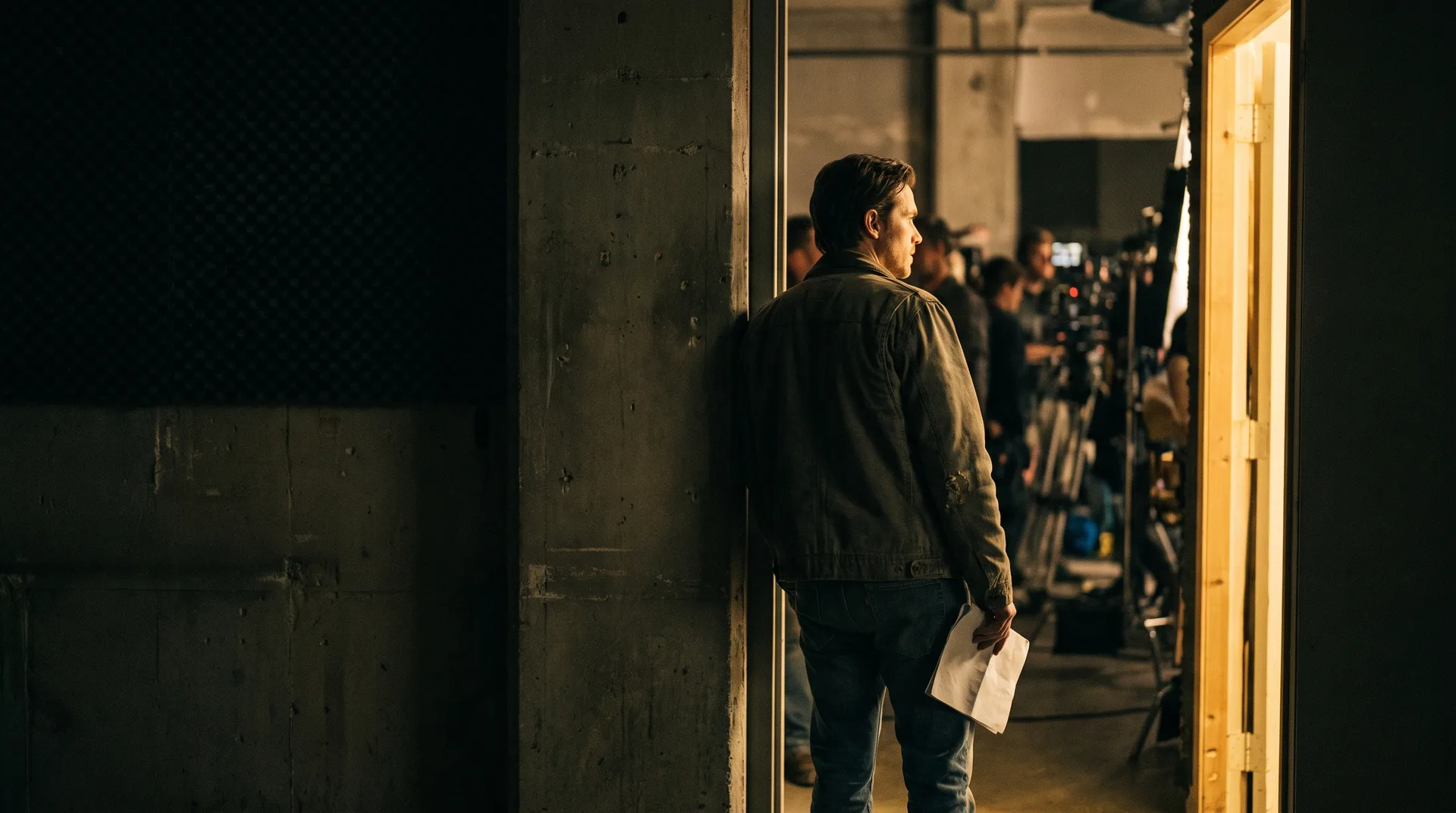 An actor waiting in the doorway of a film set holding a folded call sheet
