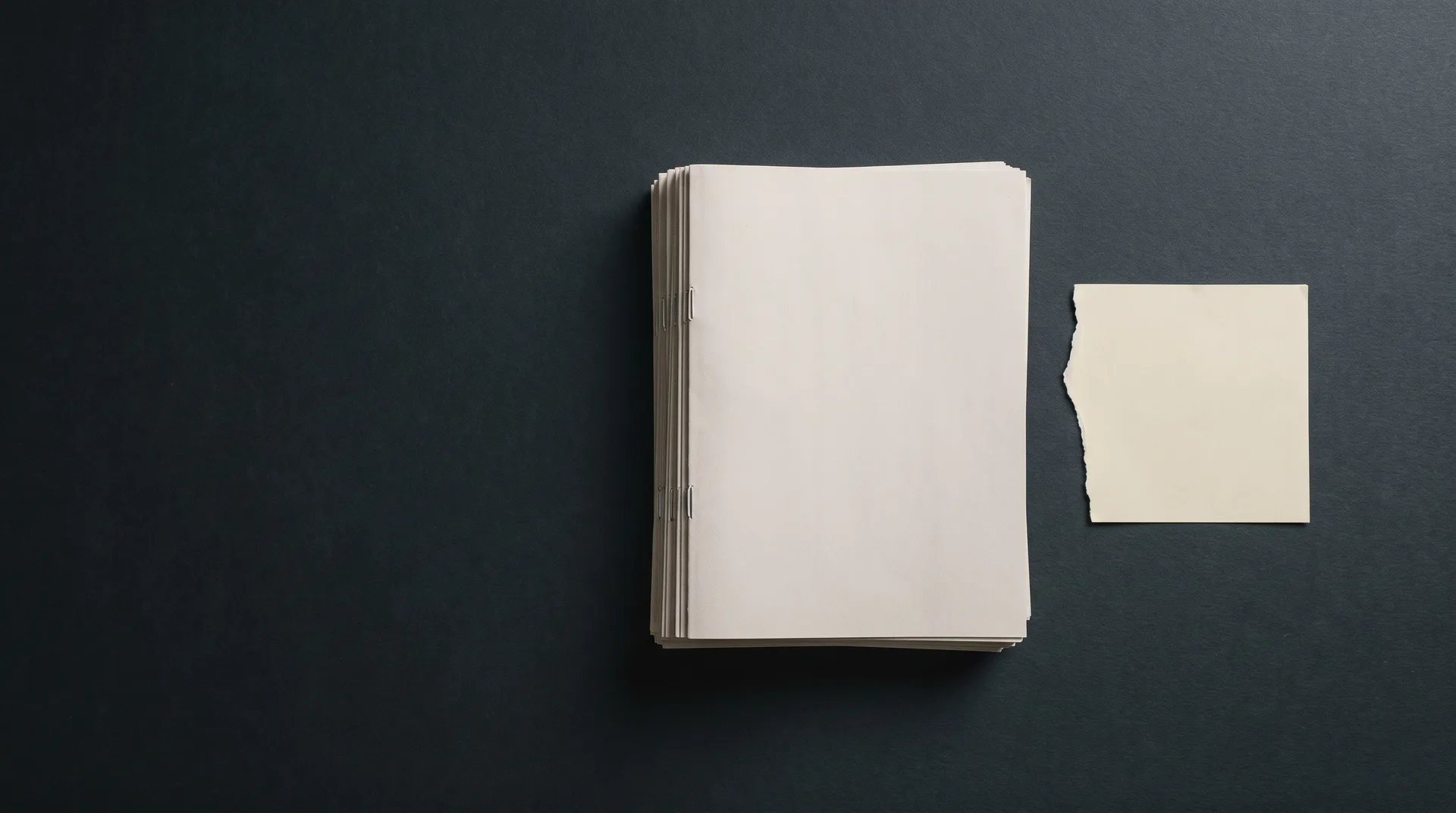 A thick stapled document on a dark table beside a single small torn scrap of paper