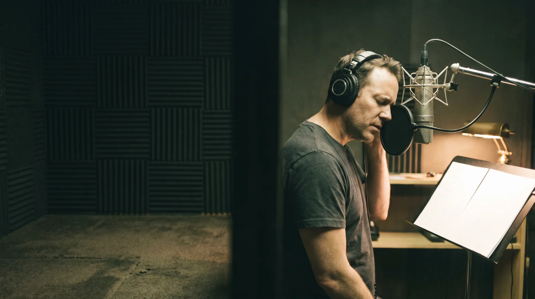 A professional voice actor performing at a studio microphone