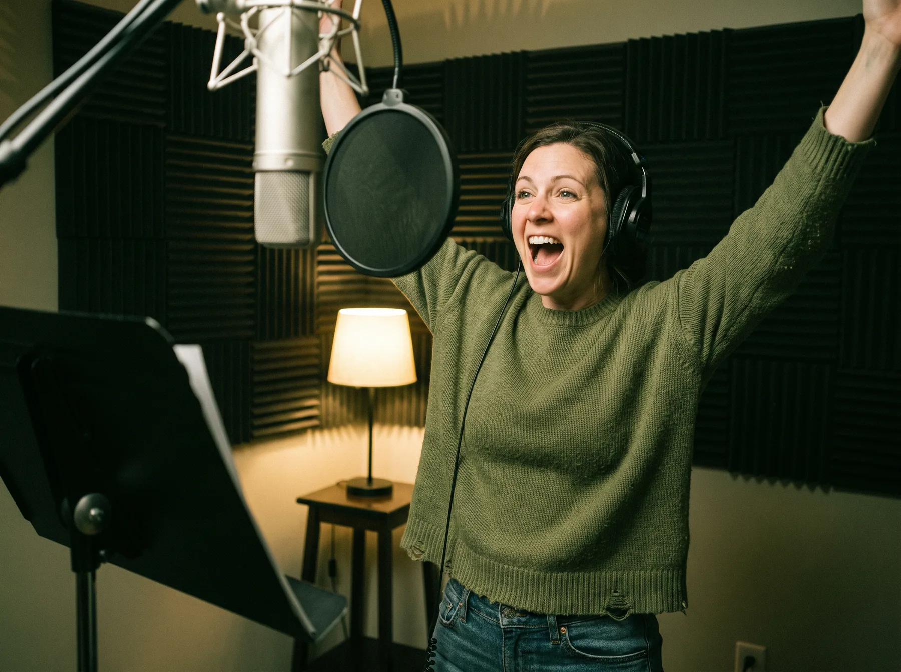 A voice actor performing an animated character in a professional studio
