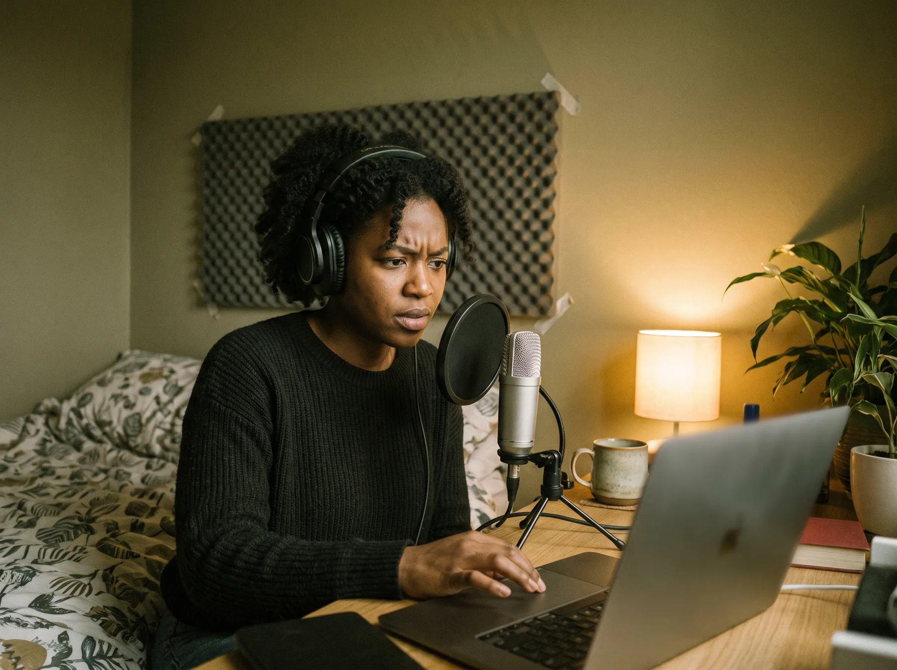 A voice actor auditioning from a treated home setup