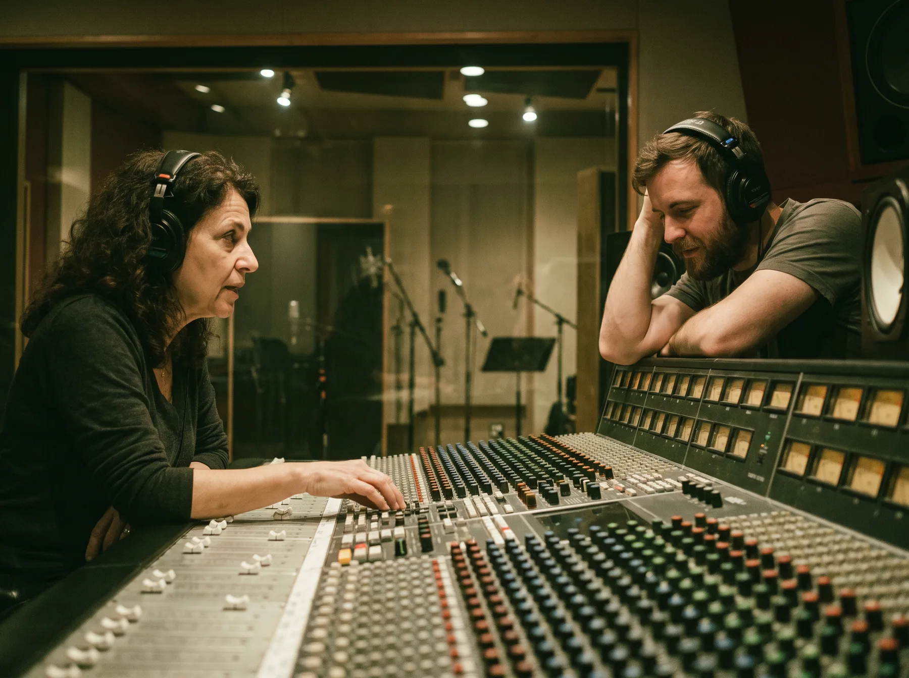An engineer and a voice actor listening back to a take at the console