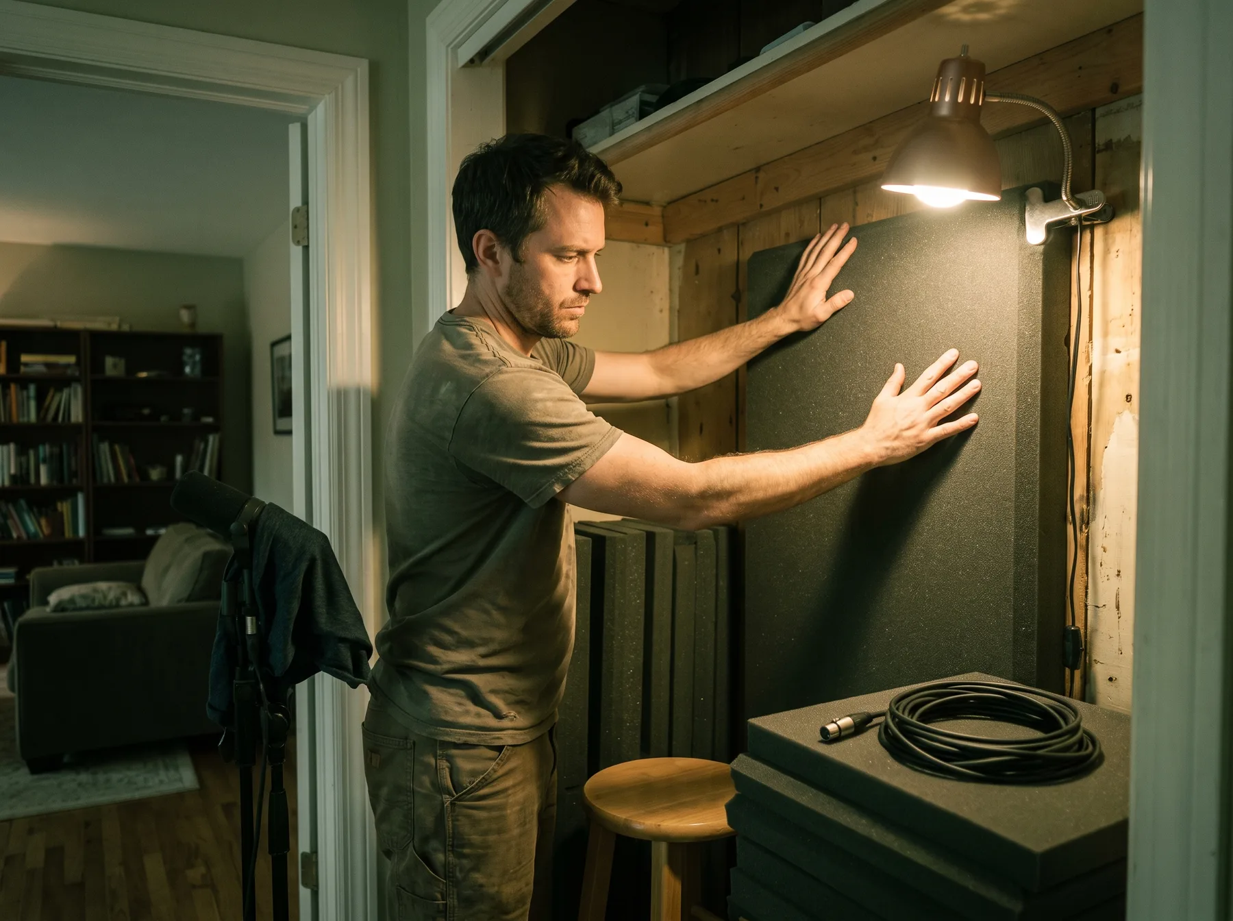 An actor fitting acoustic treatment in a small home voice booth