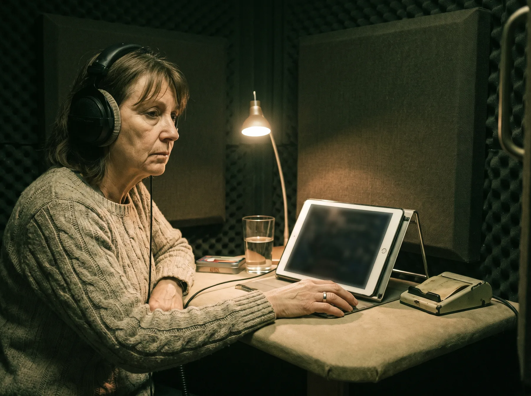 An experienced audiobook narrator working in a professional booth