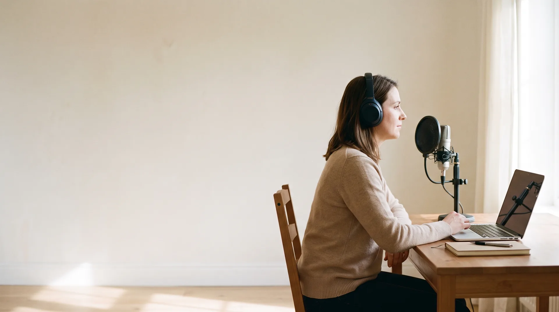An actor at a microphone in a home studio taking a class on a laptop screen