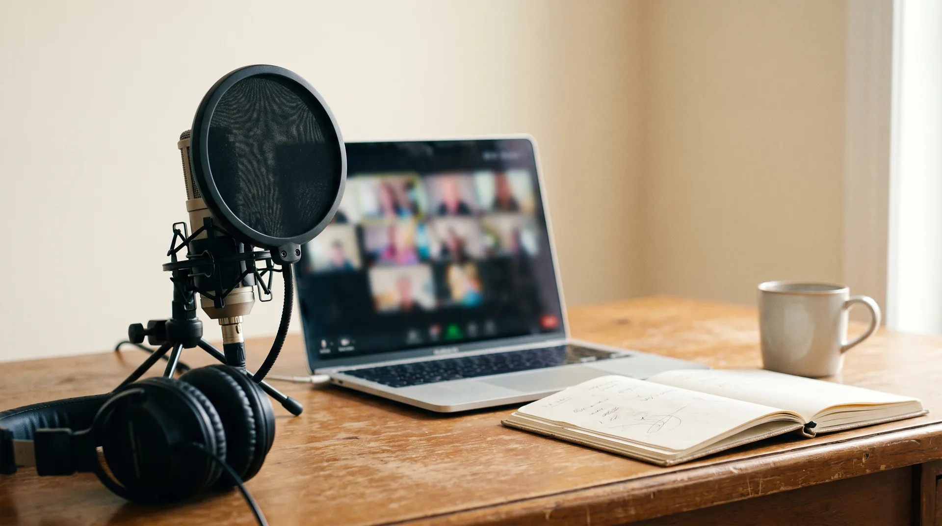 A laptop showing a video class beside a microphone on a desk in a home studio