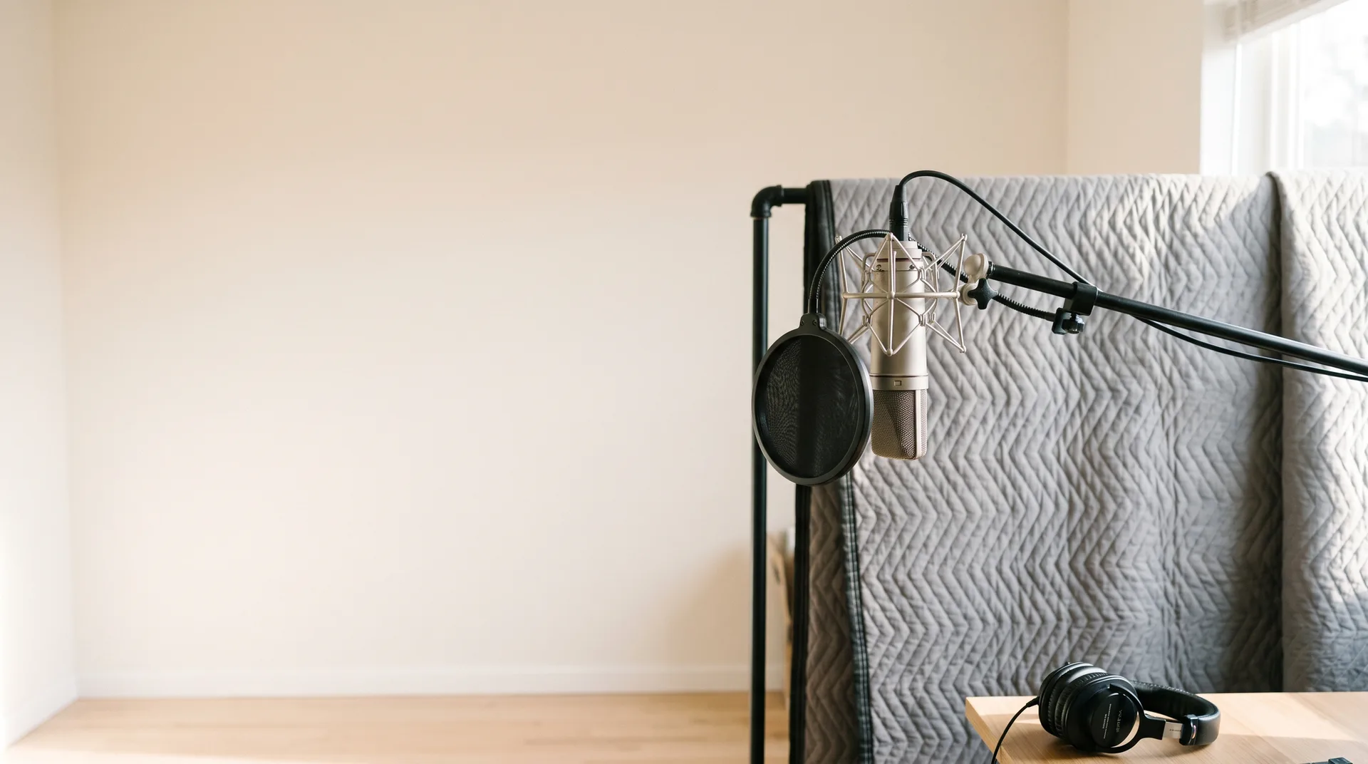 A condenser microphone on a boom arm in a home recording space with acoustic blankets behind it
