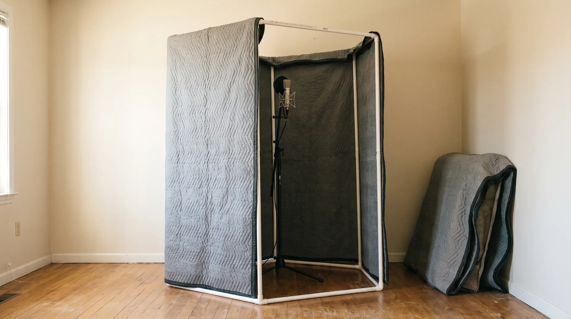 Moving blankets hung on a simple frame around a microphone in a spare room