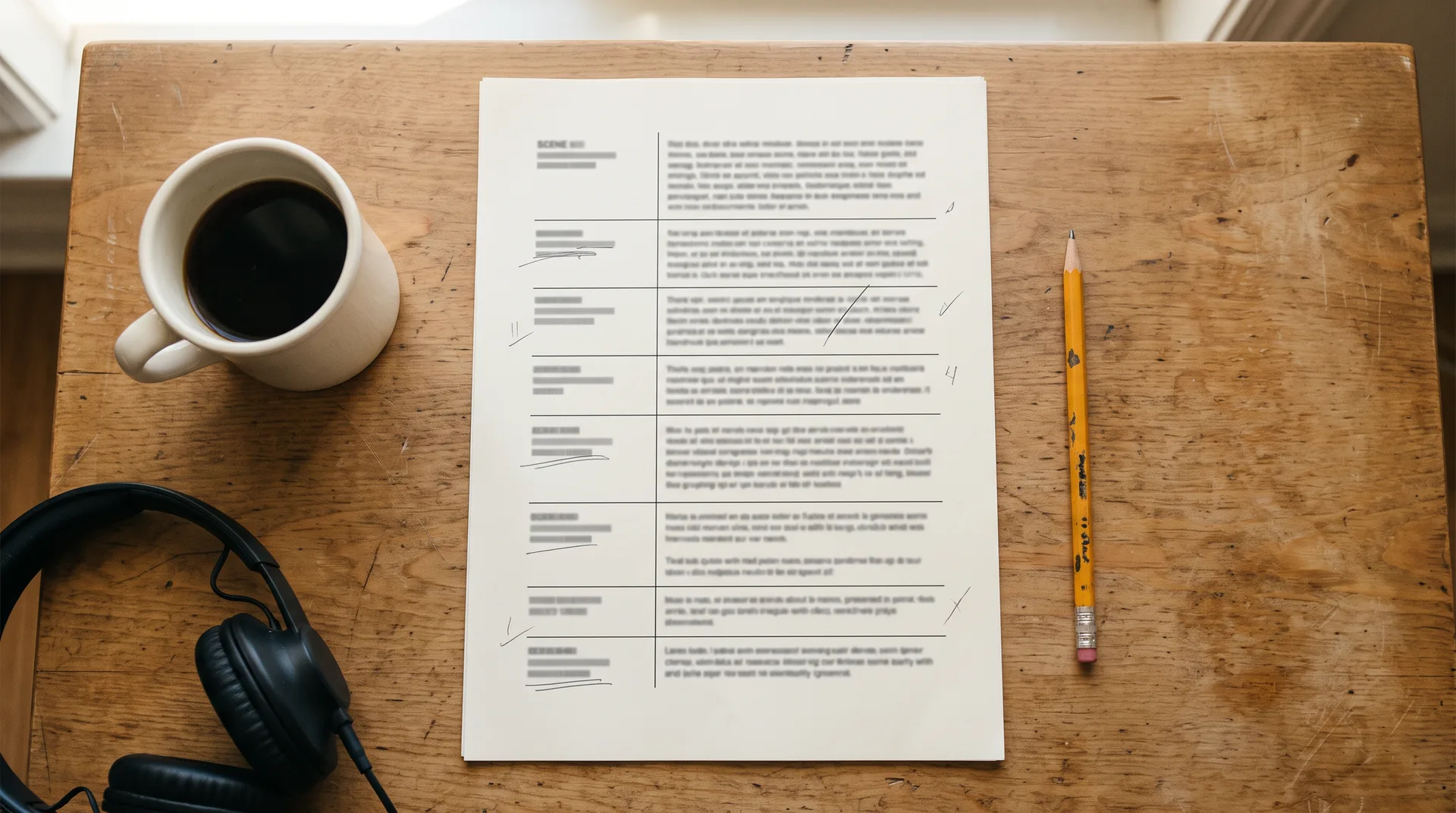 A two-column script page on a desk with headphones and a pencil, cue column on the left and spoken copy on the right, marked up by hand