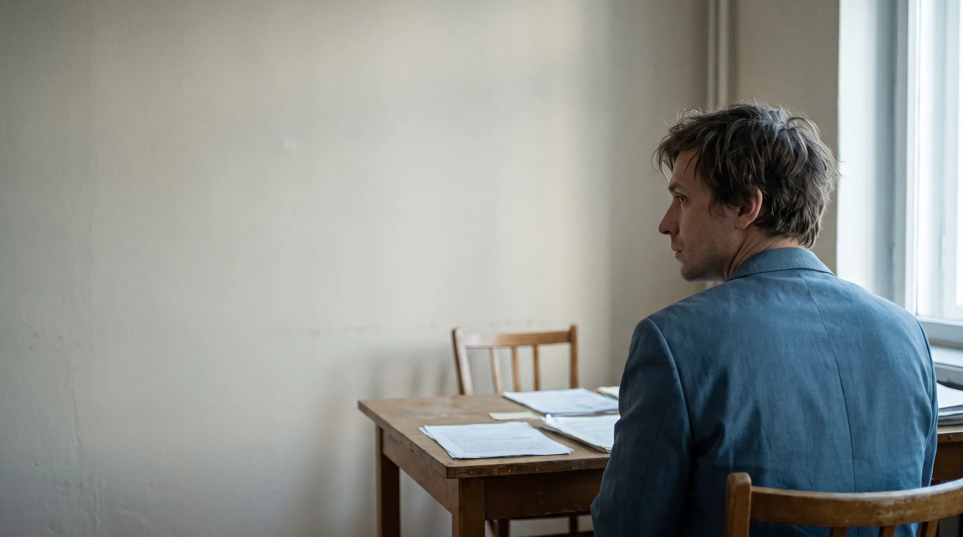 An actor waiting alone in a small office facing an empty desk and chair