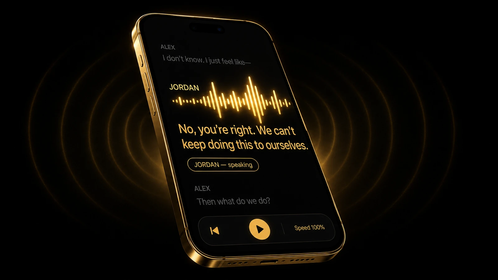 The I Need A Reader app on a phone, reading a scene partner's line aloud while the actor's script scrolls