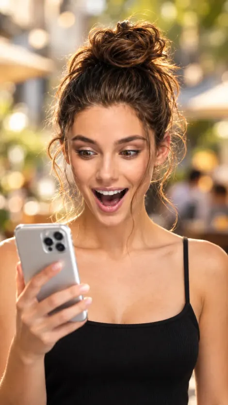 An actor smiling at a casting notice on her phone