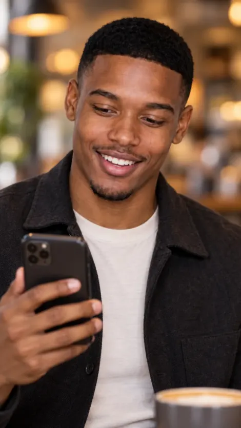An actor reading a casting call on his phone in a cafe