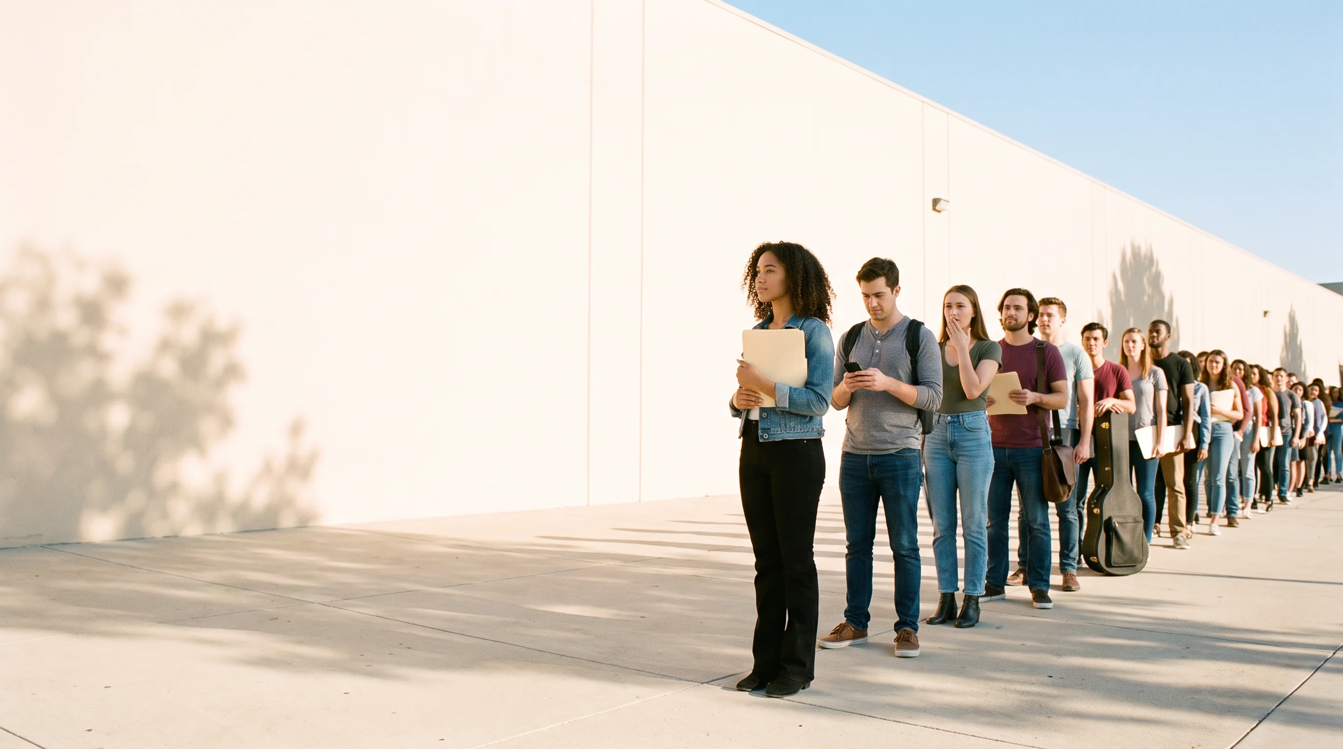 A long queue of hopeful performers waiting with headshots outside an open casting call