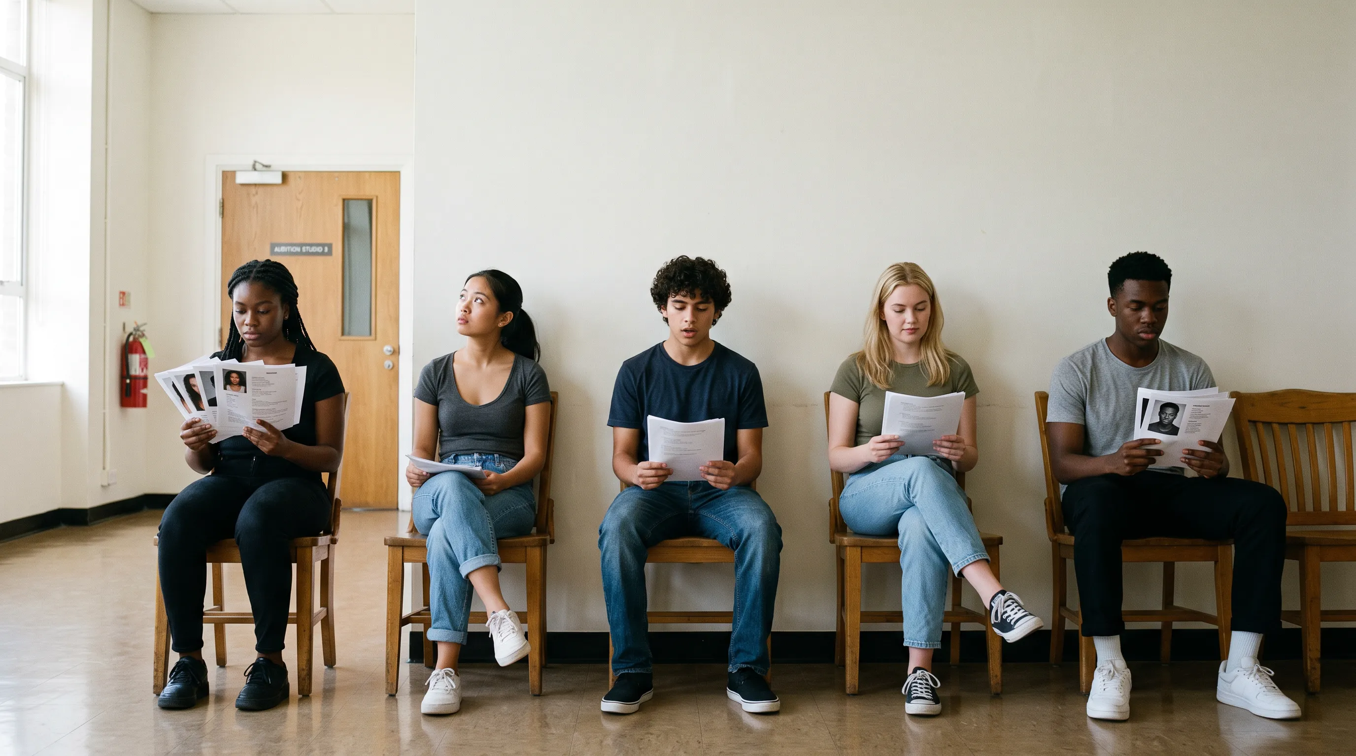Actors seated along a wall waiting to be called into an audition studio