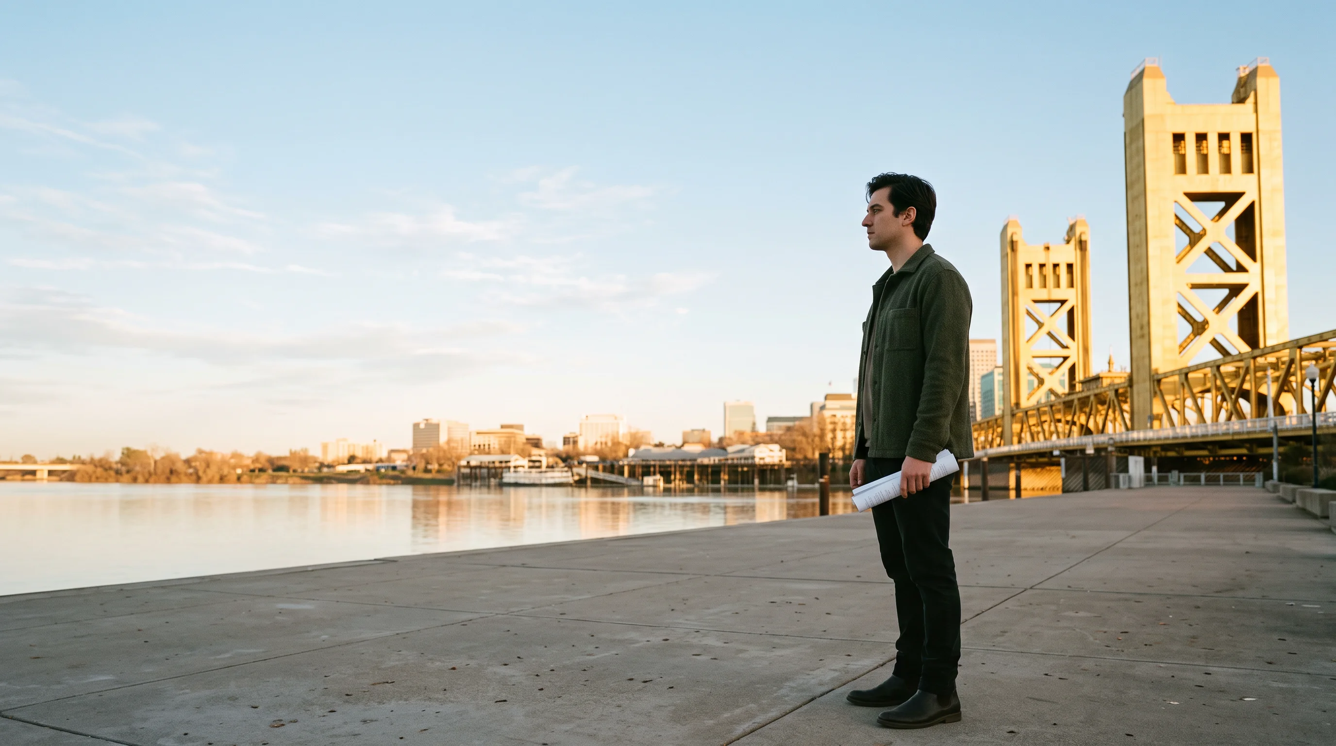 An actor on the Sacramento riverfront with the Tower Bridge behind him