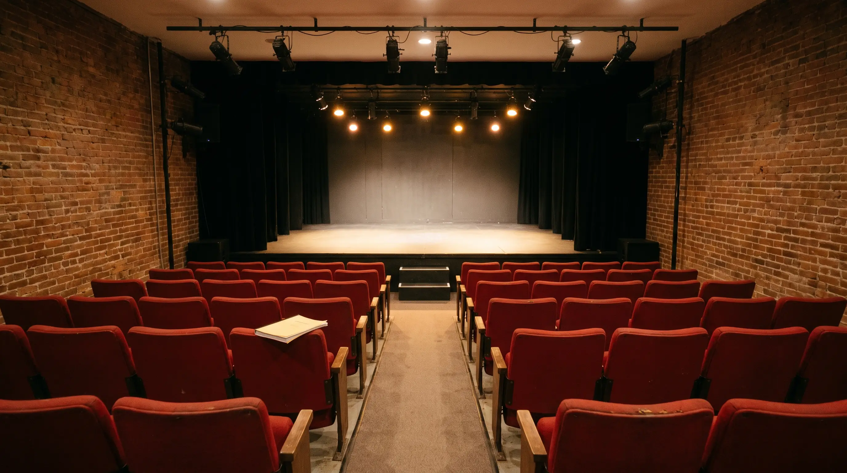 The empty auditorium of a small regional theatre seen from the back of the house