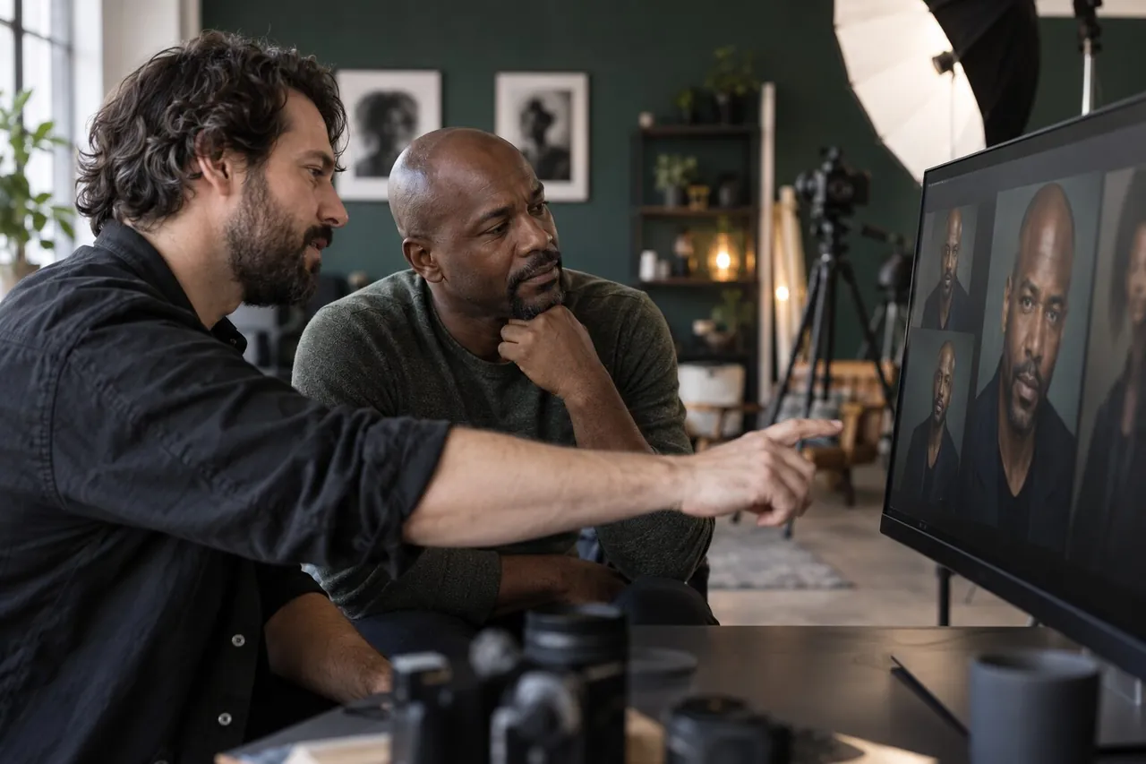 A photographer and an actor reviewing frames together between setups