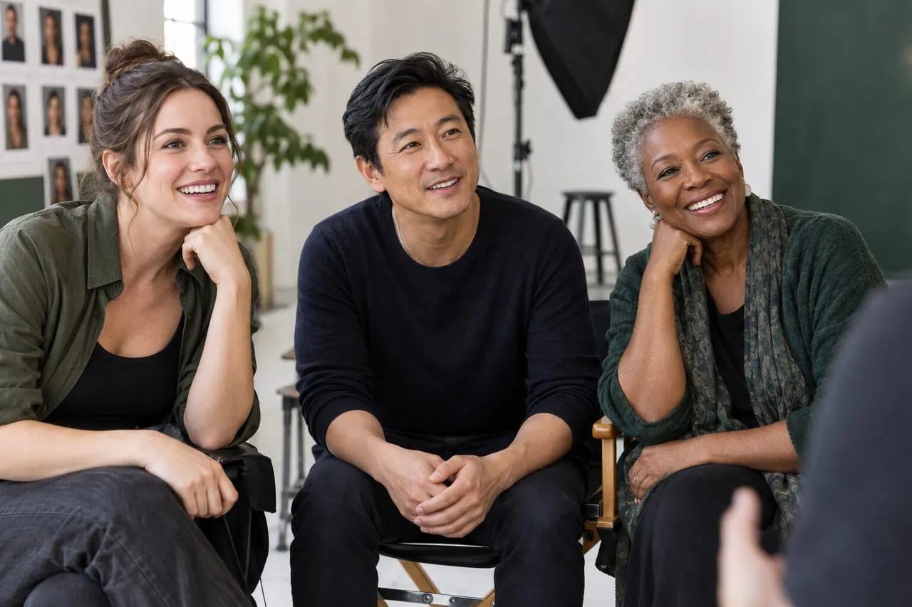 Three actors waiting in a studio, lit by one source built for each of them